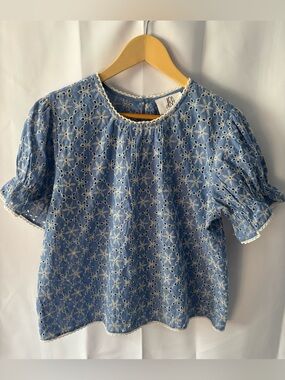 dRA Los Angeles Floral Cutwork Eyelet Embroidered Blouse L Cotton Scalloped Hem